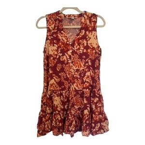 Nine West Womens Burgundy Orange Abstract Floral Tiered Ruffle Mini Dress Medium